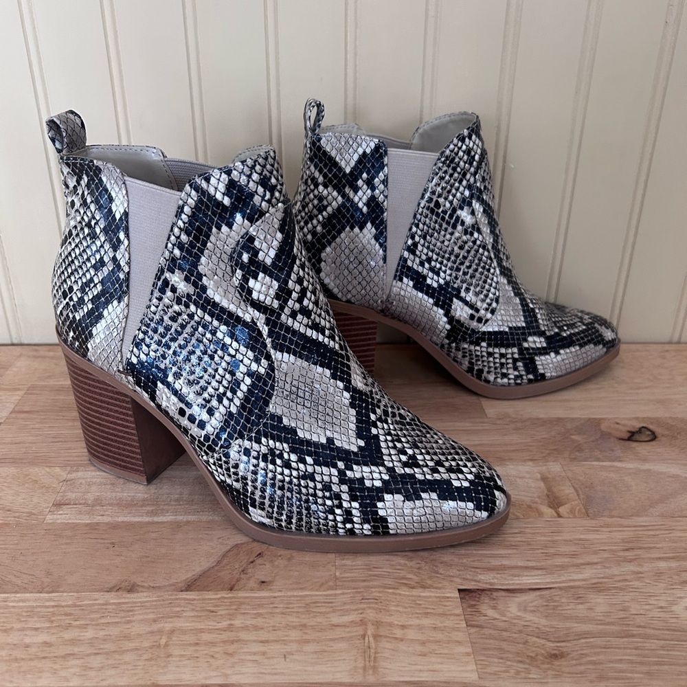 MIA Snakeskin Heeled Boots - Black, Gray, White